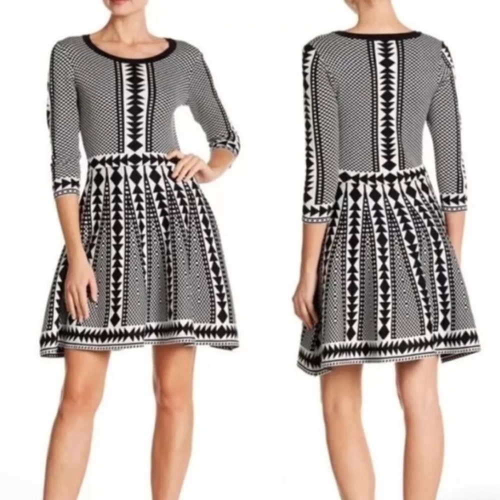 Nina Leonard Women’s Knit Winter Skating Sweater Dress Black White Geo Print XS